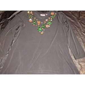 Quacker Factory Tunic Holiday Shirt Size Large Black Christmas Tree Blouse
